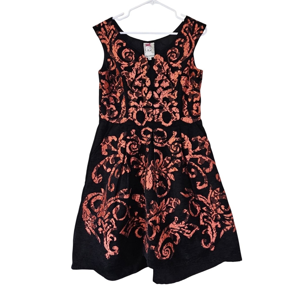 Yoana Baraschi Dress 8 Black Orange Lace Damask Fit Flare Cocktail